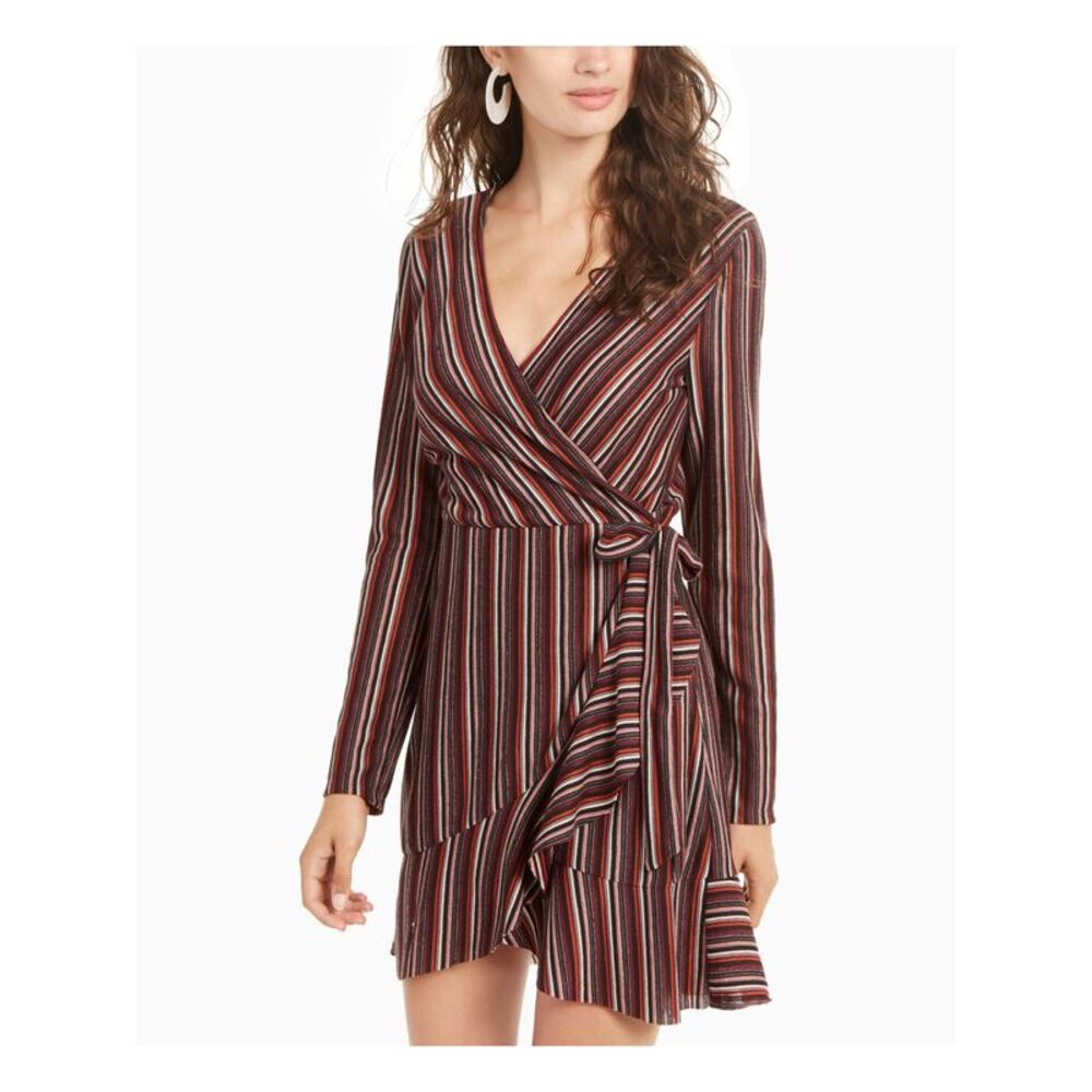 CRYSTAL DOLLS Womens Wrap Dress Short Belted Long Sleeve